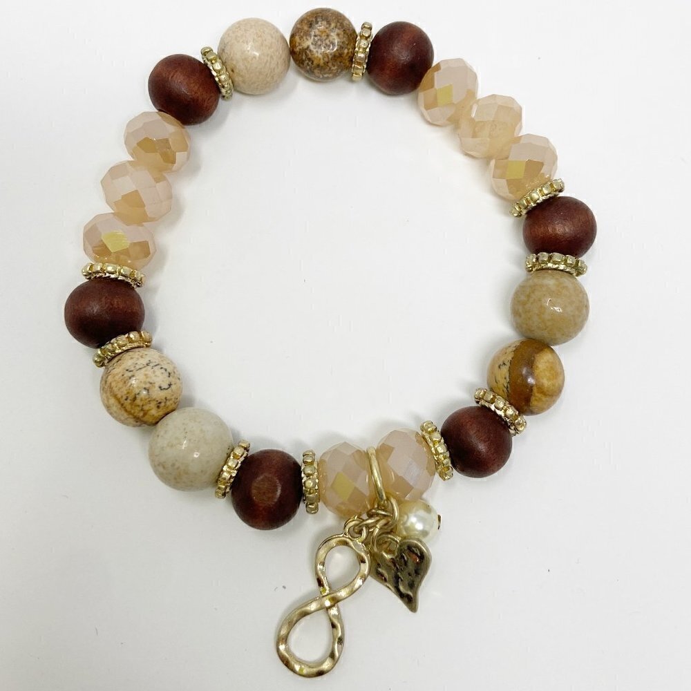 Brown Cream Beaded Stretch Bracelet w/Infinity, Heart and Pearl Charms